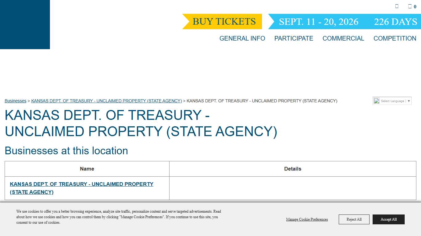 KANSAS DEPT. OF TREASURY - UNCLAIMED PROPERTY (STATE AGENCY)