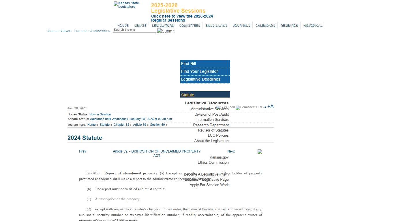 Statute Kansas State Legislature